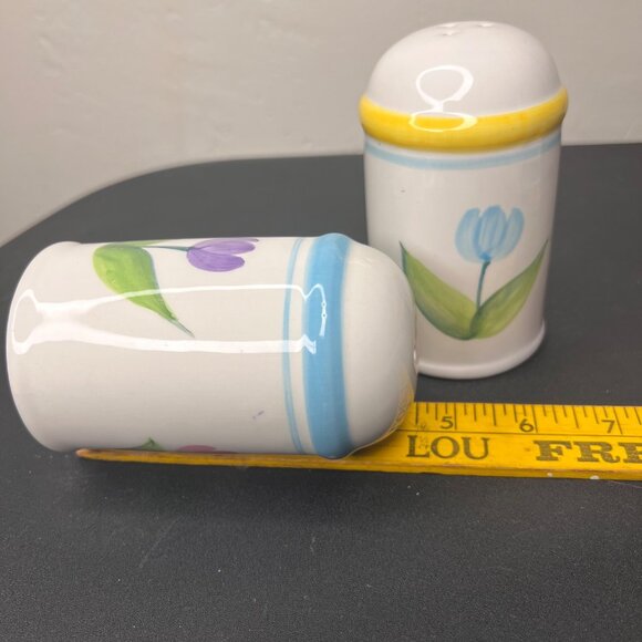Mervyns 1998 Hand-Painted Tulip Ceramic Salt & Pepper Shakers Blue & Yellow - Picture 10 of 10